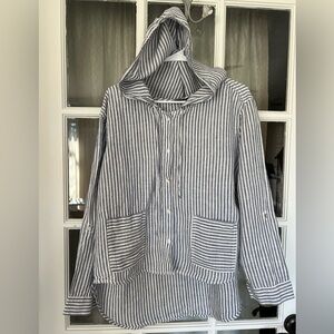Tahari Linen Top Women L Blue White Striped Hooded Button Front Shirt Roll Tab